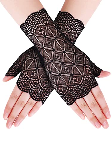 Gants courts en dentelle pour femme - Motif floral - Pour fête de mariage - Longueur au poignet, Noir , Taille unique Cover