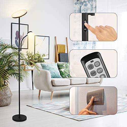 Led Floor Lamp - Soarz Torchiere Floor Lamp With Adjustable Reading Lamp,2000Lumens Main Light And 400Lumens Side Reading Light For Living Room, Bedroom, Office, Work With Remote Control, Matte Black #TOP3