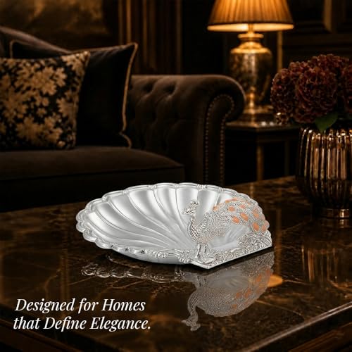 Image of Diviniti German Silver Peacock Decorative Tray for Home Decor | Luxury Dry Fruit & Sweet Serving Platter with Orange Enamel Peacock Design | Premium Decorative Gift Hamper Plate with Elegant Gift Box
