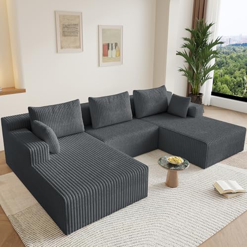 Image of 107 inch U-Shape Cloud Couch, Modern Modular Sectional U-Shape Sofa, Corduroy Boneless Couch Upholstered Couches Deep Seat Sleeper Chaise Longue for Living Room, No Assembly Required,Dark Gray