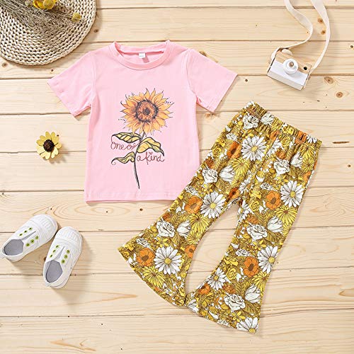 Toddler Girl Outfits Letter Short Sleeve T-Shirt Top Floral Bell Bottom Pants Girls Summer Clothes (Pink, 5-6 Years)