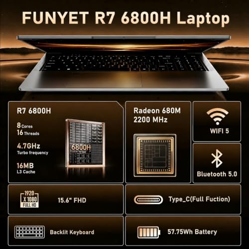 Image of FUNYET Gaming Laptop,Window 11 Pro Laptop Computer, 15.6 Inch Lap Top PC 2026, AMD Ryzen 7 6800H Processor,24GB DDR5 RAM 1TB SSD, FHD Display,WiFi 5,BT5.0,Backlit Keyboard,Office 365 for Business,Work