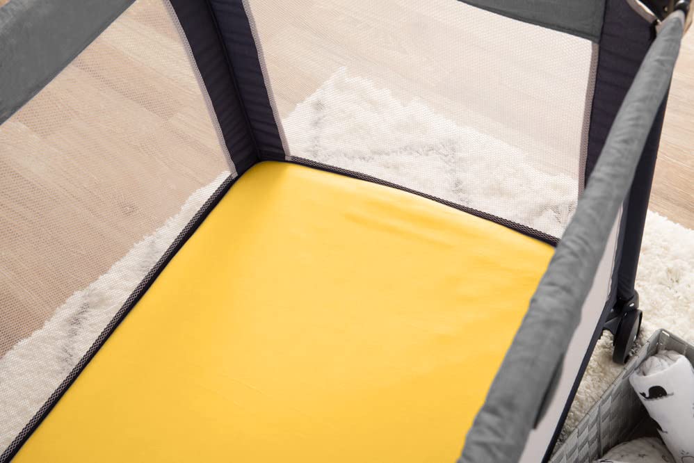 Image of American Baby Company 2 Pack 100% Natural Cotton Fitted Pack and Play Sheets 39 inch x 27 inch - Soft & Breathable Pack N Play Sheets for Playard & Mini Crib Mattress, Yellow Star /Yellow, for Boys & Girls