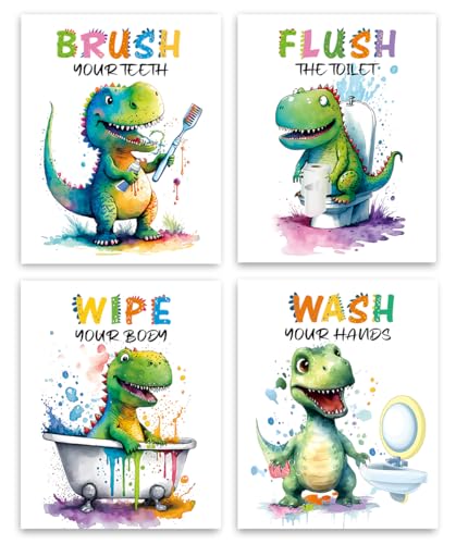 Póster artístico de pared de dinosaurio funky, decoración de pared para baño de niños, lávate las manos, cepilla tus dientes, letras inspiradoras, impresión artística de pared, póster educativo en