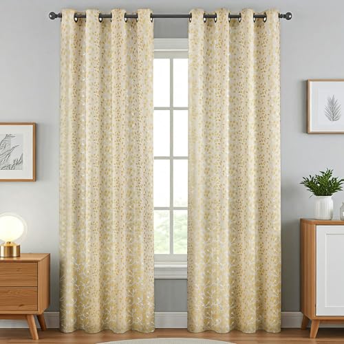 Yellow Weaves Rich Jacquard Fabric Curtain for Long Door, String Leaves, 10 Feet, Pack of 2, Muted Gold