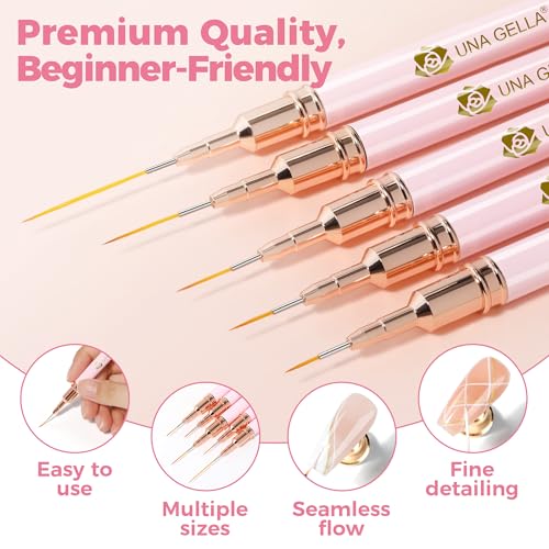 Image of UNA GELLA Nail Art Brushes Metallic, 5 Count Liner Pens Set For Nail Art Gel Polish, Detail Nail Art Design Painting Brush Set For Nails Gel Fine Drawing Nail Tools, Sizes 7 /9 /11 /15 /25mm