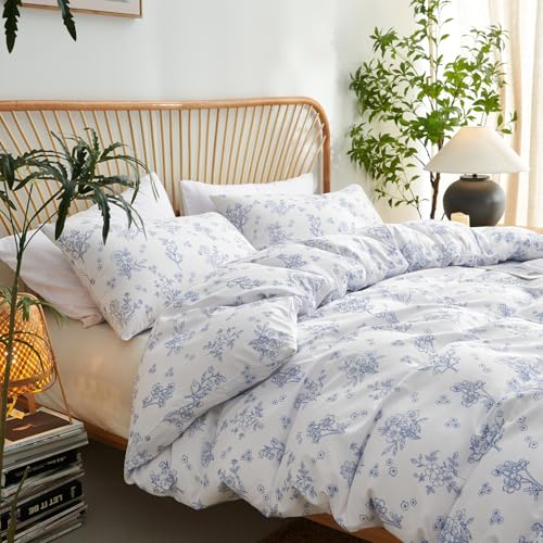 Image of Nayoroom Blue Floral Duvet Cover Full Size Cottagecore Flower Leaf Spring Comforter Cover 3 Pcs Soft Breathable Microfiber Pastoral Aesthetic Bedding Set with Zipper Closure