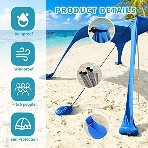 ELUTENG Beach Tent Sun Family Shelter with 2 Aluminum Poles UPF50+ with Sand Shovel, Ground Pegs and Stability Poles, Pop Up Outdoor Shade for Camping Trips, Fishing, Backyard Fun or Picnic