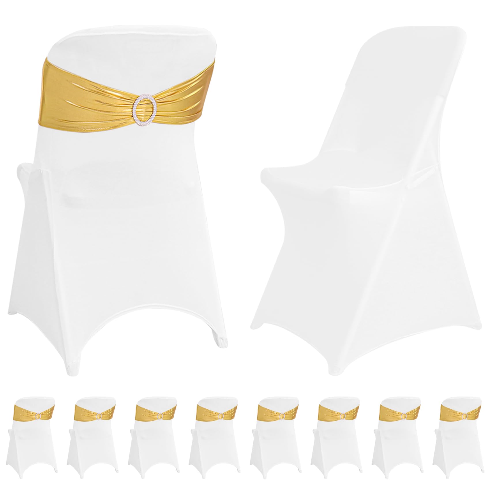 10 Sets Stretch Spandex Folding Chair Cover White and Chair Sashes with Buckle Slider Chair Bands Bows, Washable Chair Slipcovers for Wedding Banquet Party Events Dining Decoration(Metallic Gold)