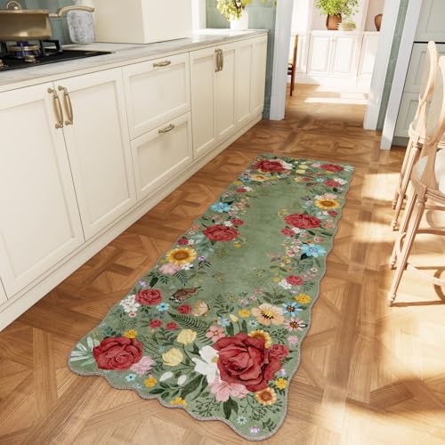 NoiFamo Kitchen Rug Runners for Hallways: 2x6 Washable Runner Rugs for Kitchen Ultra Thin Stain Resistant Non Slip Low Pile Lightweight Vintage Floral