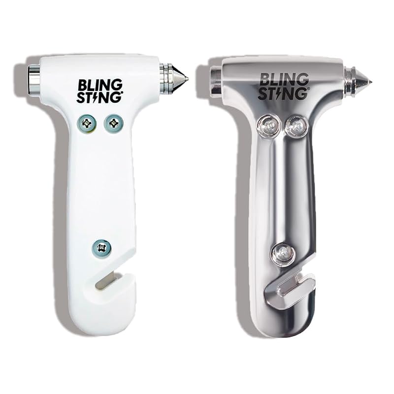 BLINGSTING Glammer Safety Hammer: martelo de emergência para quebrar vidro automotivo com cortador de cinto, branco e prata, 2 unidades