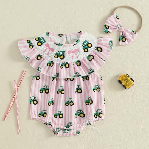 CIYCUIT Baby Girl Smocked Romper Bow Tractor Print Bodysuits Jumpsuits with Headband2