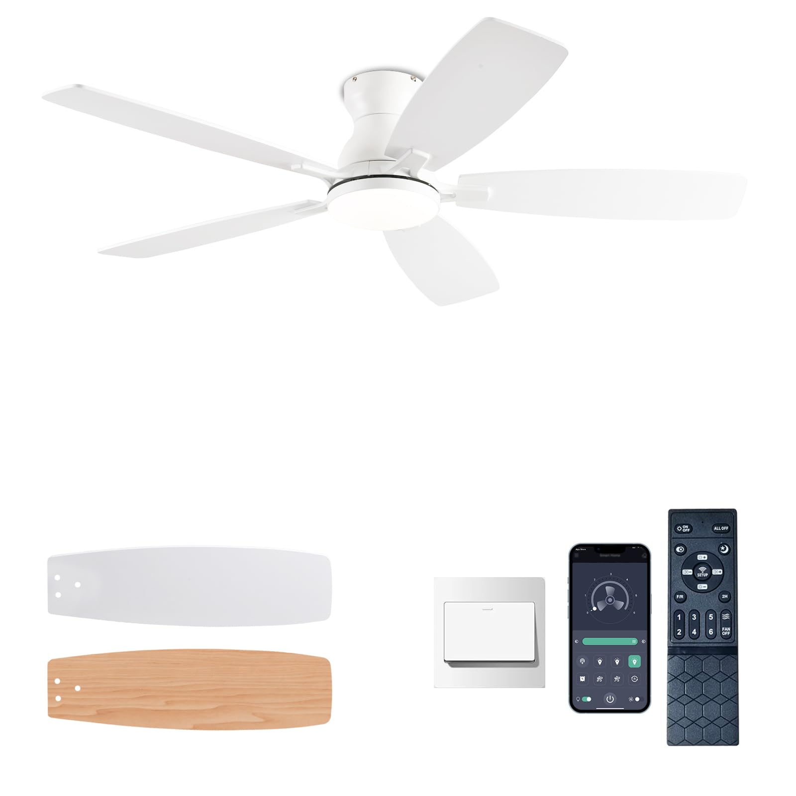 Photo 1 of **FOR PARTS ONLY /HAS MISSING PIECES **** NKPU Ceiling Fans with Lights, Low Profile Ceiling Fan with Light and Remote/APP Control, DC Motor, Noiseless, Flush Mount, 52inch White Ceiling Fan for Bedroom Indoor/Outdoor Use