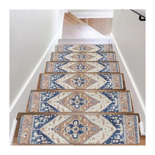 滑り止め階段マット,階段用カーペット, 屋内木製階段用マルチカラーカーペット階段踏板 15枚パック(Color 02)