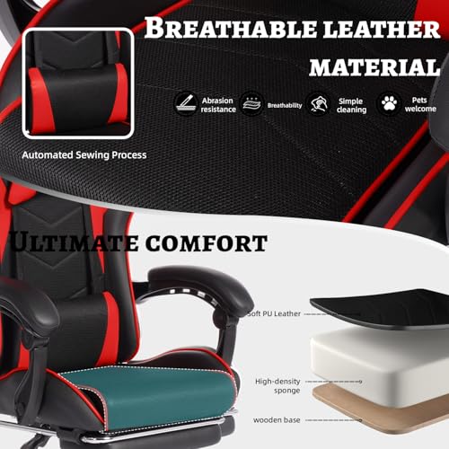 Image of Gaming Chair with Headrest and Lumbar Support, High Back Leather Computer Office Desk Chair with Footrest, 360 Swivel Height Adjustable Recliner Game Chair (Red Black)