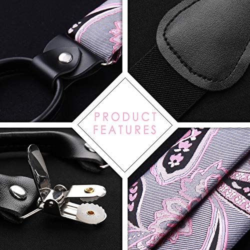 Image of HISDERN Suspenders for Men Paisley Floral Bow tie Suspender Pocket Square Sets Adjustable Y Shape 6 Clips Wedding Braces