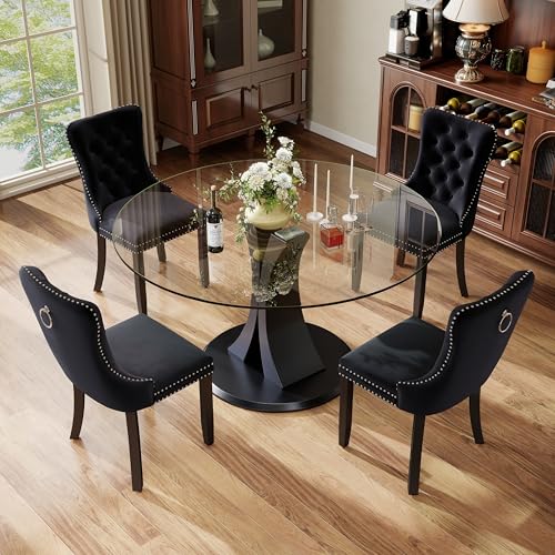 Image of 5-Piece Dining Table Set with 47In Tempered Glass Table and 4 Velvet Upholstered Chairs, Modern Scandinavian Furniture for Dining Room Kitchen(Black)