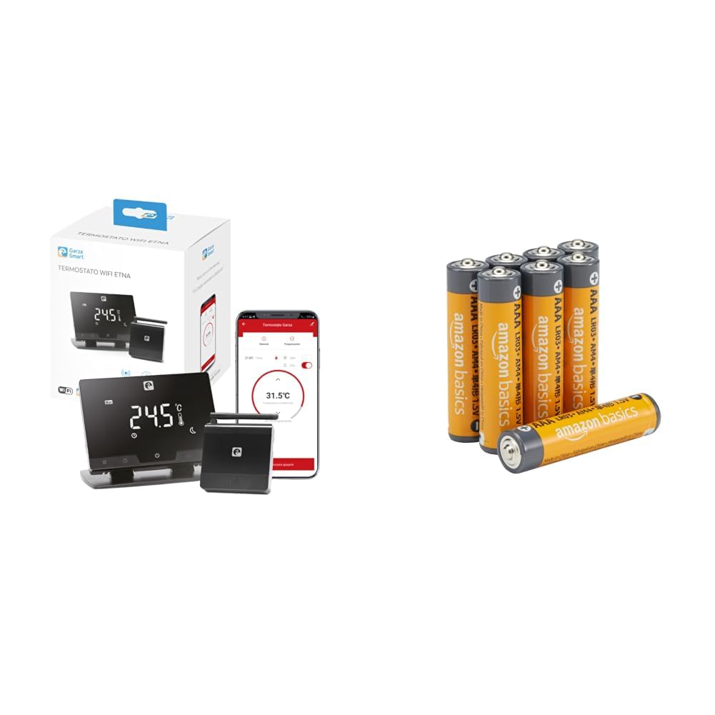 Garza - Wireless WiFi Smart Thermostat für Kessel und Heizung, programmierbar, Touchscreen, WiFi 2.4GHz, Fernsteuerung per App und Alexa/Google Voice + Batterien: Amazon Basics Pack of 8 x AAA