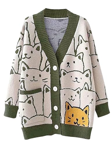 Gihuo Women Cat Sweater Oversized Cute Kawaii Cardigan Knit Graphic V Neck Loose Fit Long Sleeve Cardigan Coat