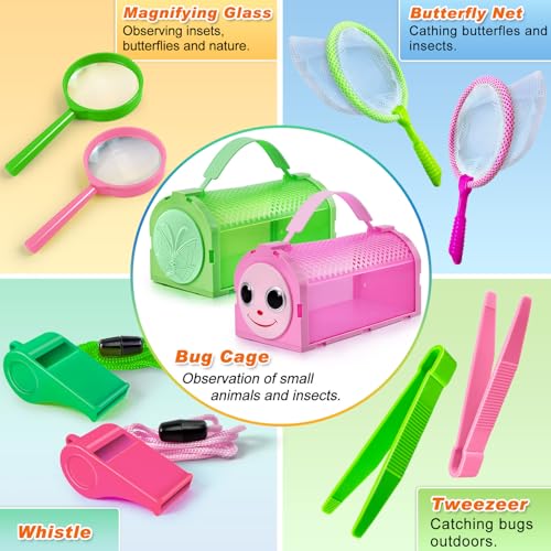 YOPINSAND Bug Catcher Kit for Kids, 10 Pcs Bug Collection Kit for Kids, Outdoor Explore Kit with 2 Pcs Bug Cage, Tweezers, Magnifying Glass, Nets and Whistles, Outdoor Toys Gift for Boys Girls 3-12