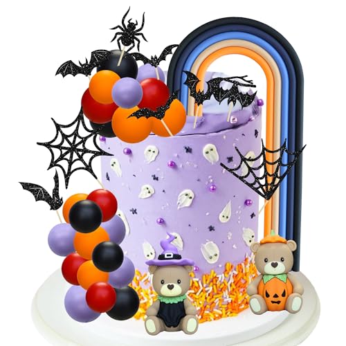 Gyufise 42Pcs Halloween Cake Decorations Set Pumpkin Witch Bear Cake Toppers Rainbow Ball Glitter Spider Net Bat Cupcake Picks for Halloween Theme Baby Shower Birthday Party Supplies Orange