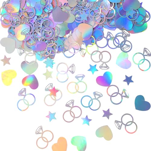 BOHUIZ 300 Pcs Iridescent Bachelorette Confetti, Bridal Shower Decoration Confettis, Wedding Decorations Diamond Ring Heart Star Table Confetti for Engagement Party Decorations, Bridal Shower supplies