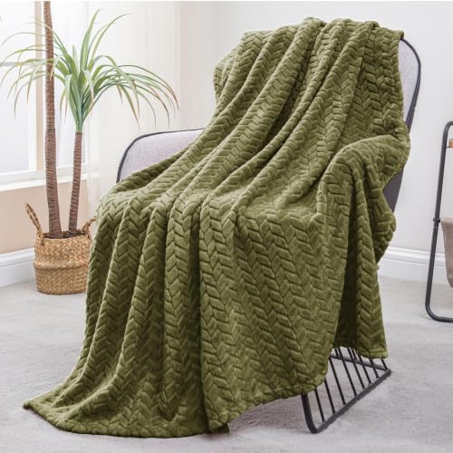 Image of Exclusivo Mezcla Fleece Throw Blanket for Couch Sofa, 50 inchx70 inch, Olive Green | Oversized Soft Cozy Fluffy Blankets for Summer, Decorative Plush Flannel Throws for Living room, Bedroom with Leaves Pattern