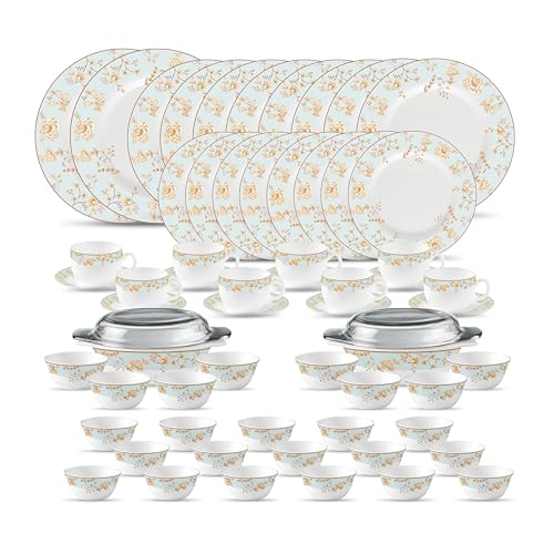 Image of La Opala Diva Sovrana Collection Opal Glass Crockery | for Family of 8 | Dinner Set 62 pcs Medusa Gold | Plates & Bowls for Dining | Microwave Safe | 100% Vegetarian | Extra Strong | Light & White