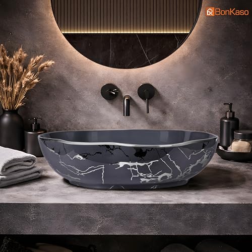 Image of BONKASO Cloud Designer Table Top Wash Basin | Premium Polished Ceramic Bathroom Sink | 50 x 40 x 14.5 cm Counter Top Basin | Modern Grey Silver Glossy Finish