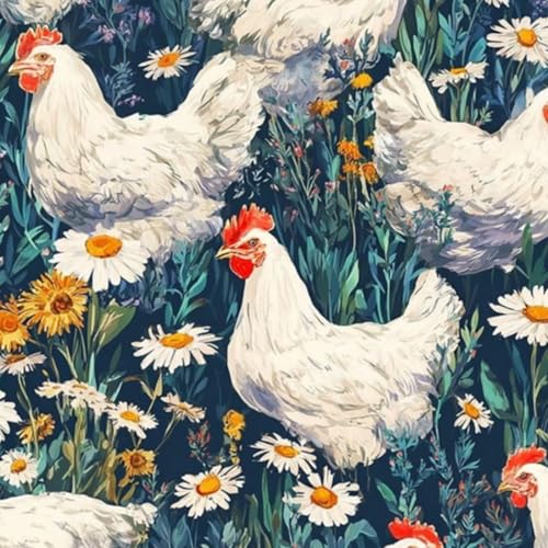 壁紙 45cm x 300cm 剥がせる ヒナギクとヒマワリの咲く花畑にいる白いニワトリ 多機能 防水/汚れ防止/防油 食器棚 クロ 玄関 ふすま紙 家具 部屋 DIY 賃貸OK