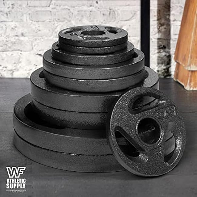 WF Athletic Supply Olympic Grip Plate, 2-inch Diameter Collar Opening for Compatibility on any Olympic Barbell, Available in 2.5, 5, 10, 25 & 45lb