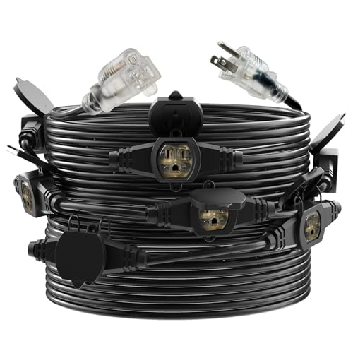 50FT Outdoor Extension Cord 16 Gauge SJTW 5-15R Cable Male Plug to Female Connector 10 Evenly-Spaced Outlets Plug Suitable for Stage Setting or Outdoor UL Listed.