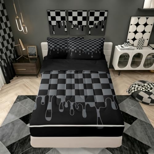 Image of Black Grey Checkered Zipper Bedding Set Full,Checkerboard Drip Bed-in-a-Bag Set Zip-Up Comforter with Fitted Sheet & Pillowcases,Cool Aesthetic Funky Modern Geometric for Kids & Teens Pet Friendly
