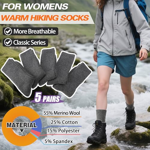 Image of Sandsuced 5 Pack Merino Wool Boot Hiking Socks for Women Warm Winter Thick Thermal Cozy Work Soft Ladies Socks