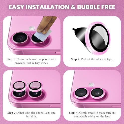 Image of ArmourPro Premium Camera Lens Protector Tempered Glass Compatible For iPhone 16 Plus and iPhone 16 Tough HD Individual Aluminum Alloy Rings 9H Camera Cover , Scratch-Resistant,Camera Lens Protection| Pink