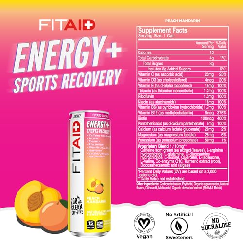 Image of FITAID ENERGY, 200mg Natural Caffeine, Keto, Peach Mandarin, Optimum Performance Formula: BCAAs, Quercetin, Electrolytes, Omega-3s, 15 calories, Paleo, Vegan & Gluten-Free,12 Fl Oz (Pack of 12)