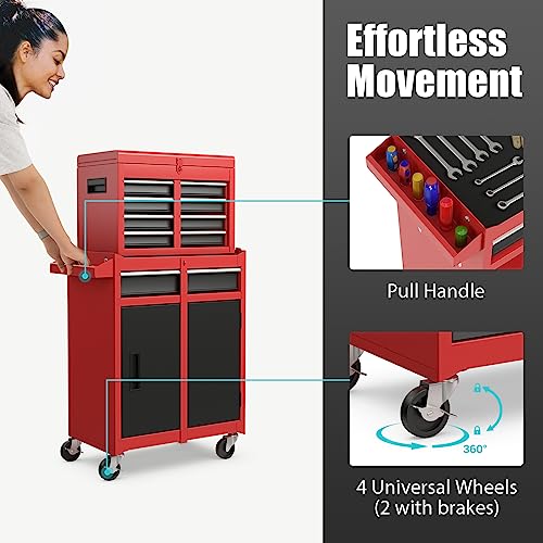 COSTWAY Large Rolling Tool Cabinet, 2-in-1 Detachable Metal Tool Chest with Drawers, Wheels, Handle & Hooks, Lockable Tool Box Trolley for Garage Workshop (5 Drawer with Adjustable Shelf, Red+Black) 6 COSTWAY Large Rolling Tool Cabinet, 2-in-1 Detachable Metal Tool Chest with Drawers, Wheels, Handle & Hooks, Lockable Tool Box Trolley for Garage Workshop (5 Drawer with Adjustable Shelf, Red+Black) - Image 6