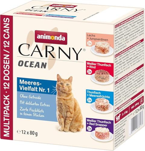 animonda Carny Adult Ocean Meeresvielfalt Nr. 1 (12 x 80 g), Katzennassfutter für ausgewachsene Katzen, Nassfutter mit zartem Fischfilet, Katzenfutter ohne Getreide und Zucker