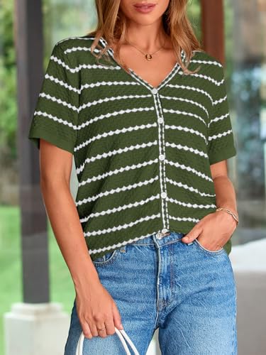 Image of NALANISA Women's Short Sleeve Sweater Spring Summer Crochet Knit Tops 2026 V Neck Striped Button Down Dressy Casual Blouses