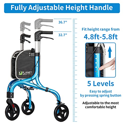 Image of PLANETWALK Premium 3 Wheel Rollator Walker for Seniors - Ultra Lightweight Foldable Aluminum Mobility Aid with Height Adjustable Handle and 7.5 Inch Wheels, Brilliant Blue