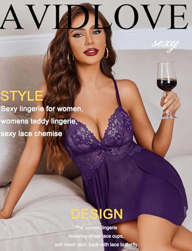 Image of Avidlove Sexy Lingerie for Women V-Neck Lace Babydoll Mesh Chemise Sleepwear Boudoir Outfits