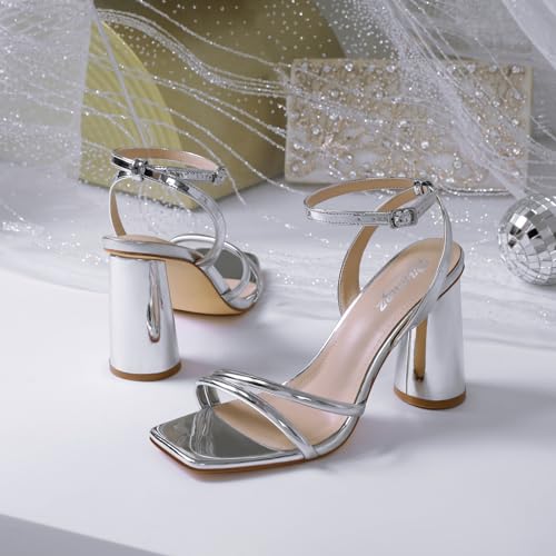 Image of RIBONGZ Block Heels Prom Heeled Sandals for Women Chunky Square Open Toe Strappy High Heels Ankle Strap Wedding Bridal Shoes High Heel Sandals for Party Dress