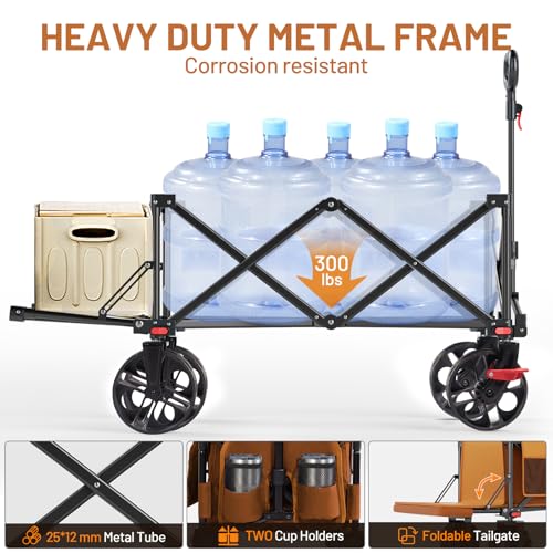 Image of Timber Ridge 47 inch L Collapsible Wagon with Tailgate & Brake, 300 lbs Heavy Duty Beach Wagon with All-Terrain Big Wheels, 250L Foldable Utility Cart for Sand Camping Sports Shopping, Orange