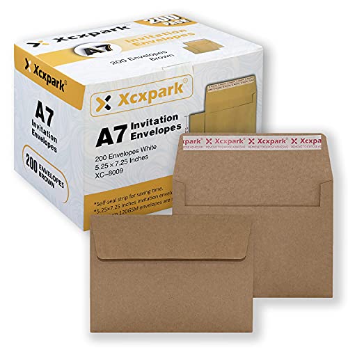 Xxcxpark 200 Qty Printable A7 Invitation Envelopes 5.25 x 7.25 Inches Cards, Self Seal 120GSM Brown Kraft Paper…