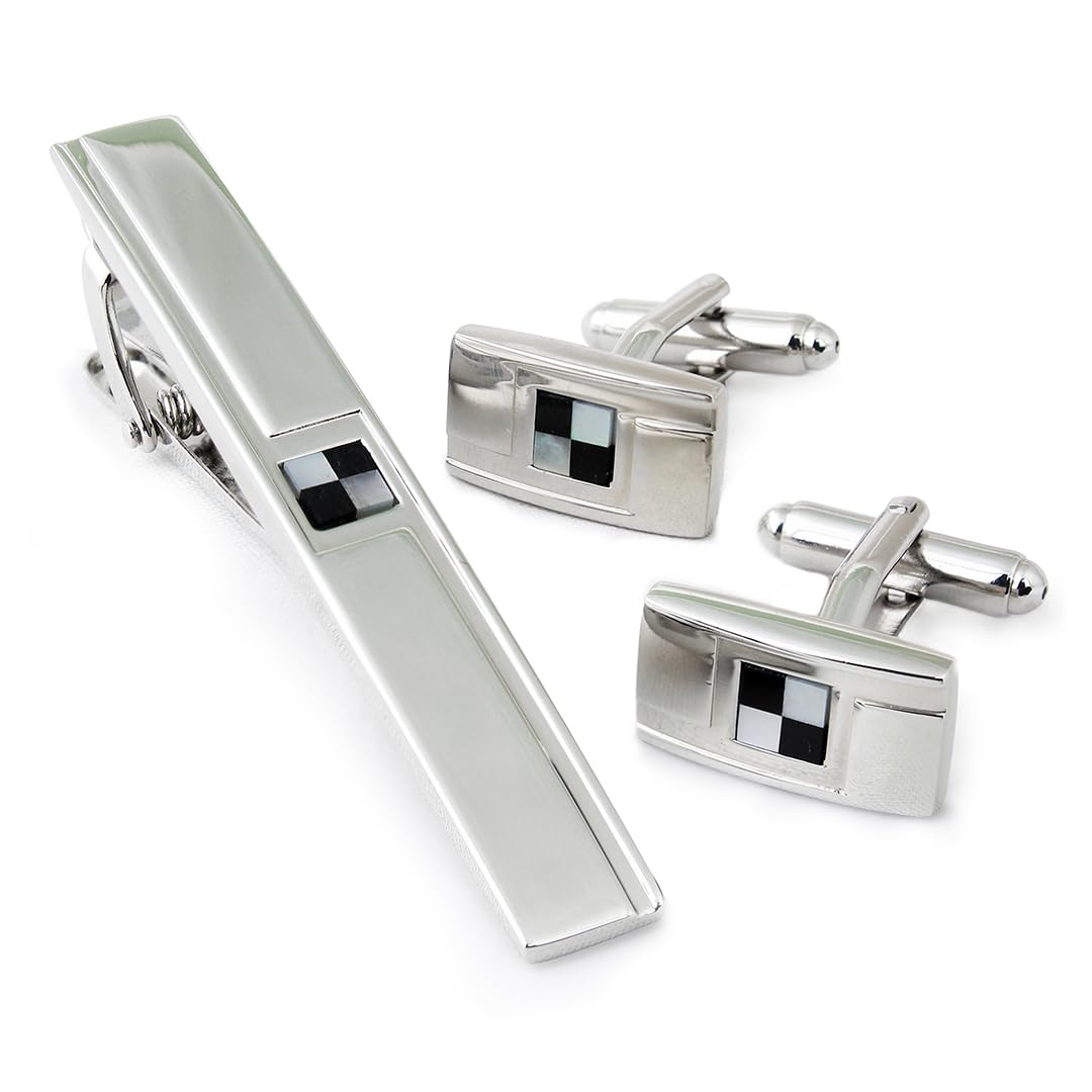 Peluche Silver Coloured Brass Checks - Cufflink and Tiepin Set - (MOP & Onyx - TS) Semi-Precious For Men (B01M1HNO6D) Amazon Price History, Amazon Price Tracker