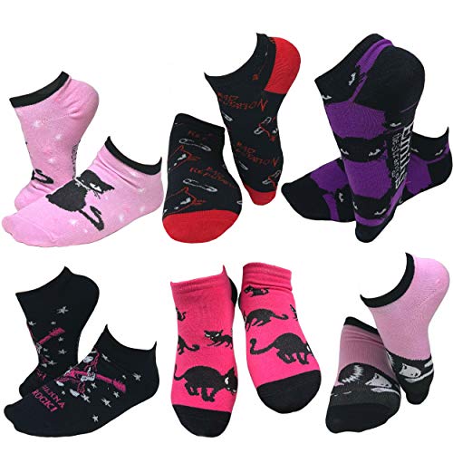 Women's Emily the Strange Fun Casual Black Cat Ankle No-Show Socks - 6 Pair (Emily the Strange_1, 6)