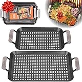 BBQ Grill Topper Grilling Pans (2 Pack)- Non-Stick Barbecue Trays w Stainless Steel Handles- Indoor Outdoor use for Meat, Vegetables & Seafood- Great for Thanksgiving Turkey Dinner & Holiday Xmas Gift