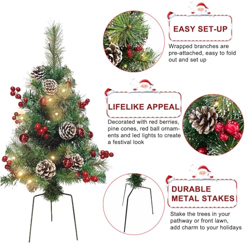 Choies 2 Pack of 30 INCH Pre-Lit Artificial Pathway Christmas Trees,Outdoor Christmas Tree for Porch,Yard,Driveway,Lighted Christmas Tree with Pine Cones,Red Berries and Red Ornaments Home Decoration
