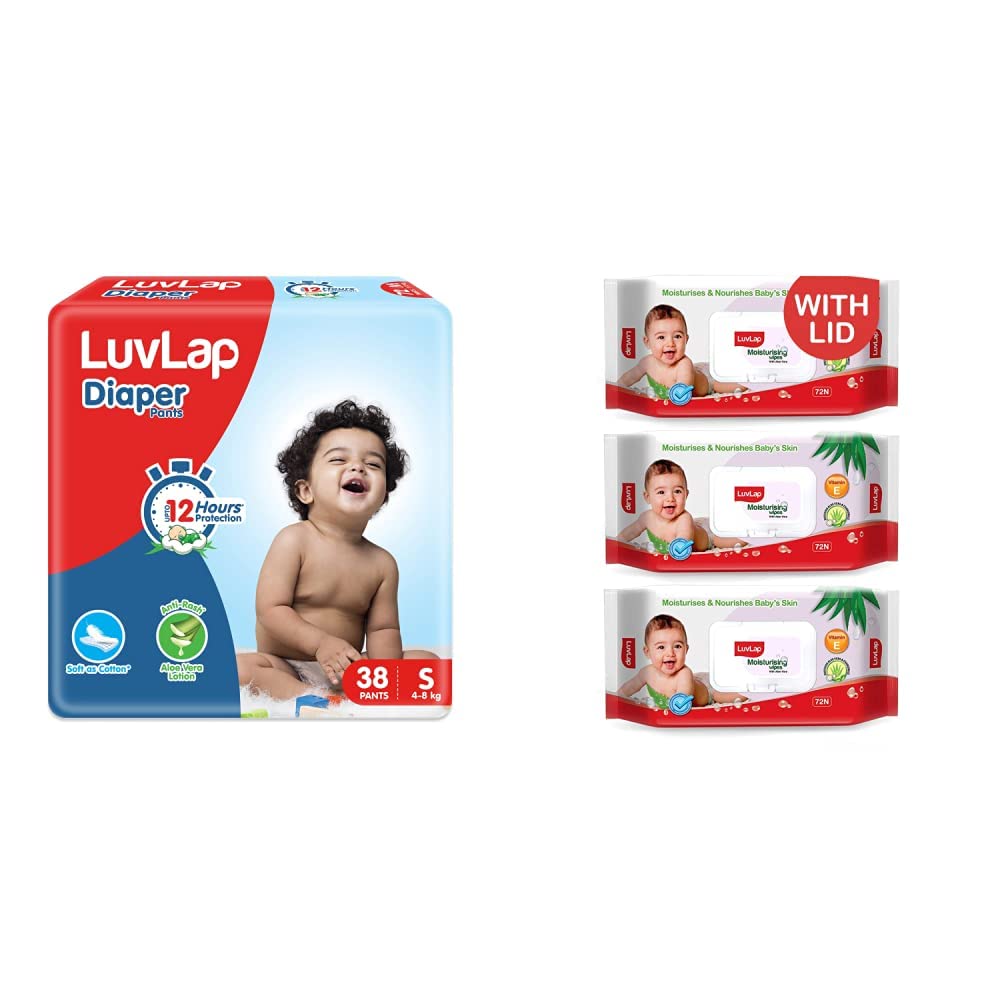 LuvLap Baby Diaper Pants S Size (Small), Pack of 38 Count, For babies of 4 to 8Kg & Paraben Free wipes for baby skin, 72 Wipes/Pack With Lid Pack, 3 packs LuvLap Baby Diaper Pants S Size (Small), Pack of 38 Count, For babies of 4 to 8Kg & Paraben Free wipes for baby skin, 72 Wipes/Pack With Lid Pack, 3 packs