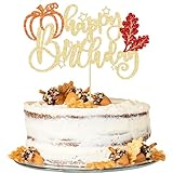 1Pc Maple Leaf Happy Birthday Cake Topper Glitter Fall Autumn Harvest Pumpkin Birthday Cake Pick Decorations for Thanksgiving Day Theme Birthday Party Cake Decorations Supplies